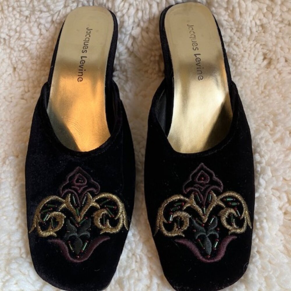Jacques Levine Black and Gold Embroidered Mules